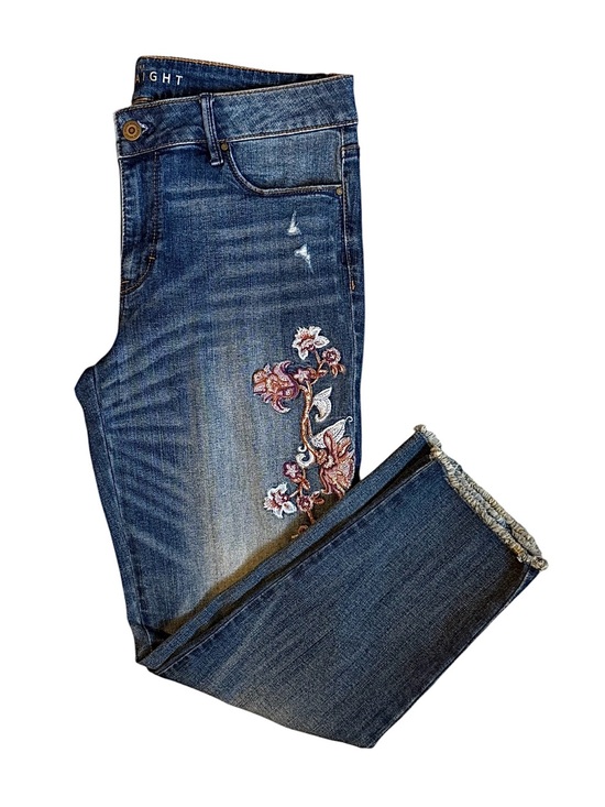 White House Black Market Denim - WHBM “The Straight” Mid Rise Floral Embroidered Denim Jeans Size 8